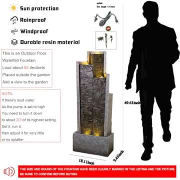 SERBILHOME 3-Tiered Water Fountain Outdoor Garden - 49.61" H Waterfall Fountain Indoor Outdoor Water Fountains with Light Cascading Waterfall for Patio,Garden,Grey,Resin Fountain