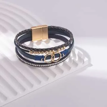 FANCY SHINY Boho Wrap Bracelets Leather Cuff Bangle Gold Beaded Bracelets for Women Stackable Infinity Bracelets Jewelry with Clasp(Navy Blue)