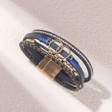 FANCY SHINY Boho Wrap Bracelets Leather Cuff Bangle Gold Beaded Bracelets for Women Stackable Infinity Bracelets Jewelry with Clasp(Navy Blue)