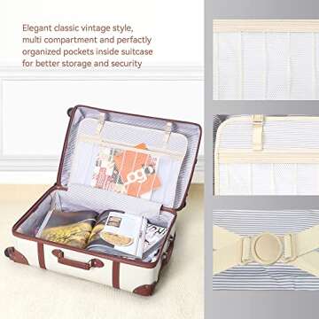 HoJax Vintage Luggage Carryon Suitcase Travel Classic Trolley Luggage with Spinner Wheels, TSA Lock, Lightweight, 20 inch, Beige