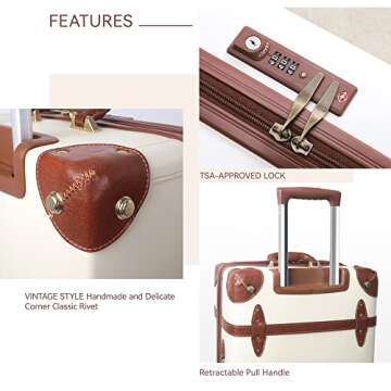 HoJax Vintage Luggage Carryon Suitcase Travel Classic Trolley Luggage with Spinner Wheels, TSA Lock, Lightweight, 20 inch, Beige