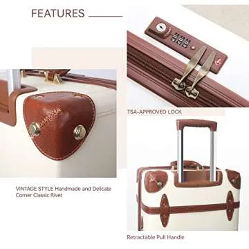 HoJax Vintage Luggage Carryon Suitcase Travel Classic Trolley Luggage with Spinner Wheels, TSA Lock, Lightweight, 20 inch, Beige