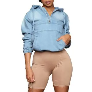 Aomice Women Half Zip Denim Hoodie Stylish Pullover