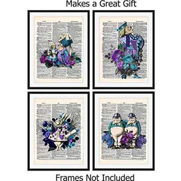 Alice in Wonderland Wall Art, 8x10 Set of 4 Unframed Decor Prints in Blue Tones. Vintage Style Dicti...