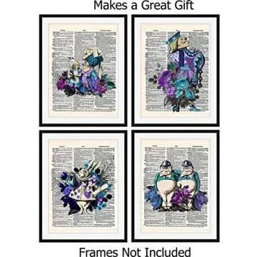 Alice in Wonderland Wall Art, 8x10 Set of 4 Unframed Decor Prints in Blue Tones. Vintage Style Dicti...