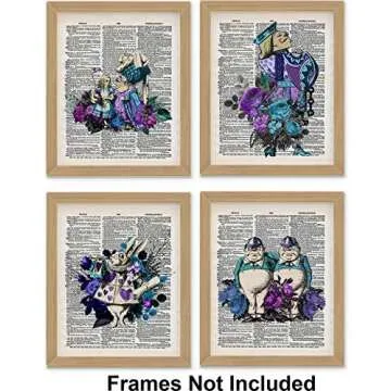 Alice in Wonderland Wall Art, 8x10 Set of 4 Unframed Decor Prints in Blue Tones. Vintage Style Dictionary Page. Gift for Book Lovers, English Teachers, Librarians and Lewis Carroll Fan