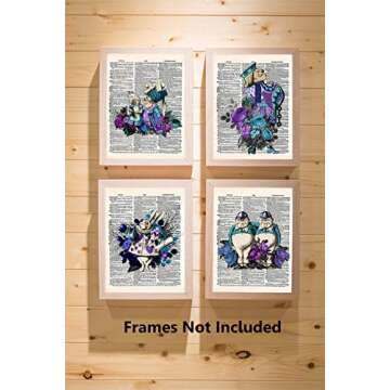 Alice in Wonderland Wall Art, 8x10 Set of 4 Unframed Decor Prints in Blue Tones. Vintage Style Dictionary Page. Gift for Book Lovers, English Teachers, Librarians and Lewis Carroll Fan