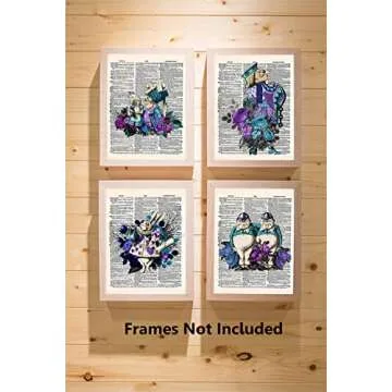 Alice in Wonderland Wall Art, 8x10 Set of 4 Unframed Decor Prints in Blue Tones. Vintage Style Dictionary Page. Gift for Book Lovers, English Teachers, Librarians and Lewis Carroll Fan