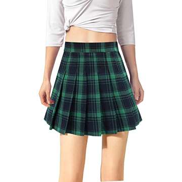 TONCHENGSD Women's High Waist Pleated Mini Skirt Skater Tennis Skirt (Green Plaid 03, S)