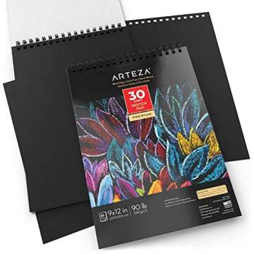 ARTEZA Spiral Sketch Book 9x12 Black Art Paper Drawing Pad 2 Pack 30 Sheets Sketch Pads for Drawing