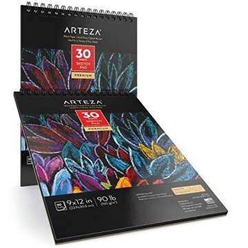 ARTEZA Spiral Sketch Book 9x12 Black Art Paper Drawing Pad 2 Pack 30 Sheets Sketch Pads for Drawing