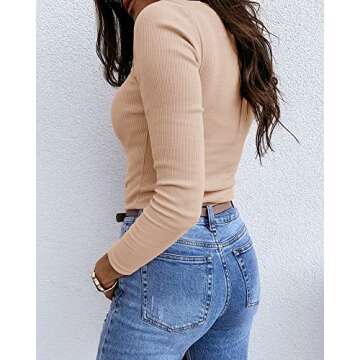 Lynwitkui Womens Long Sleeve Fitted Shirts Ribbed Knit Slim Tight Fit Basic Tees Fall Going Out Tops Apricot