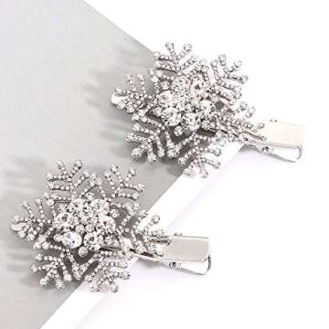 Vogueknock Snowflake Hair Clips Xmas Holiday Sparkly Rhinestone Snowflake Hairpin (Silver)
