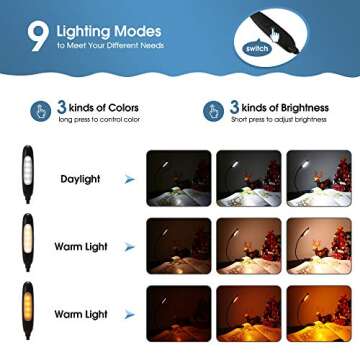 DORESshop Clip on LED Reading Light, 9 LED Rechargeable Reading Lights for Book in Bed with 3 Colors...