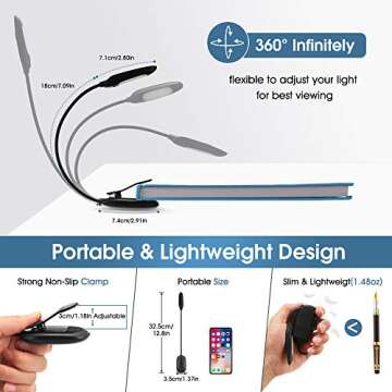 DORESshop Clip on LED Reading Light, 9 LED Rechargeable Reading Lights for Book in Bed with 3 Colors and 9 Brightness, Blue Light Blocking, Eye Care Book Light for Bookworms, Kids