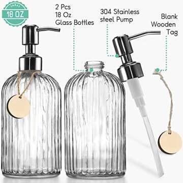 JASAI 2PACK Elegant 18 Oz Glass Soap Dispenser with Stainless Pump, Stylish Bathroom & Kitchen Decor