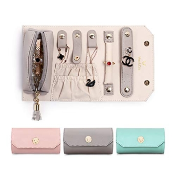Vee Travel Jewelry Organizer, Roll Foldable Jewelry Case with Supple Leather for Multiple Bracelets, Earrings, Necklaces, Rings, Watch, Suitable for Journey (Grey)