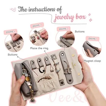Vee Travel Jewelry Organizer, Roll Foldable Jewelry Case with Supple Leather for Multiple Bracelets, Earrings, Necklaces, Rings, Watch, Suitable for Journey (Grey)