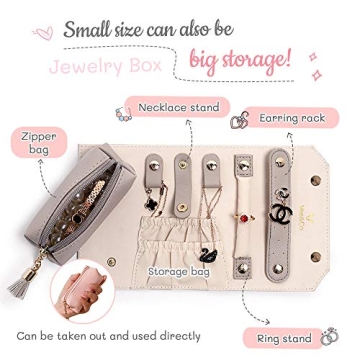 Vee Travel Jewelry Organizer, Roll Foldable Jewelry Case with Supple Leather for Multiple Bracelets, Earrings, Necklaces, Rings, Watch, Suitable for Journey (Grey)