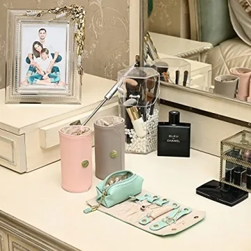 Vee Travel Jewelry Organizer, Roll Foldable Jewelry Case with Supple Leather for Multiple Bracelets, Earrings, Necklaces, Rings, Watch, Suitable for Journey (Grey)