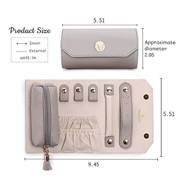 Vee Travel Jewelry Organizer, Roll Foldable Jewelry Case with Supple Leather for Multiple Bracelets, Earrings, Necklaces, Rings, Watch, Suitable for Journey (Grey)