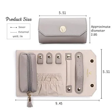 Vee Travel Jewelry Organizer, Roll Foldable Jewelry Case with Supple Leather for Multiple Bracelets, Earrings, Necklaces, Rings, Watch, Suitable for Journey (Grey)