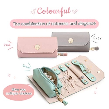 Vee Travel Jewelry Organizer, Roll Foldable Jewelry Case with Supple Leather for Multiple Bracelets, Earrings, Necklaces, Rings, Watch, Suitable for Journey (Grey)