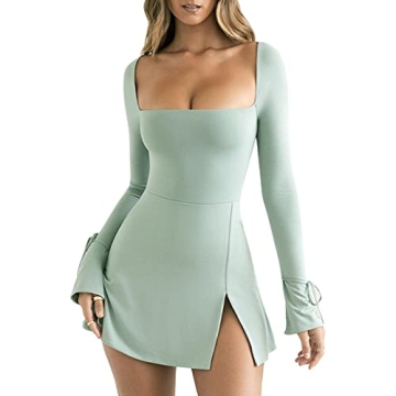 Sexy Cut Out Backless Long Sleeve Mini Dress Slim Fit Open Back Flare Sleeve Aline Dress Cocktail Su...