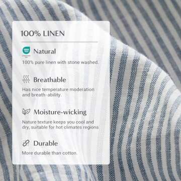 Simple&Opulence 100% Linen Sheets with Stripe King Size, 4 Pieces Breathable European Flax Pure Washed Bed Sheet Set with 14" Fitted Sheet, 1 Flat Sheet,2 Pillowcases(Vertical Stripes Blue)