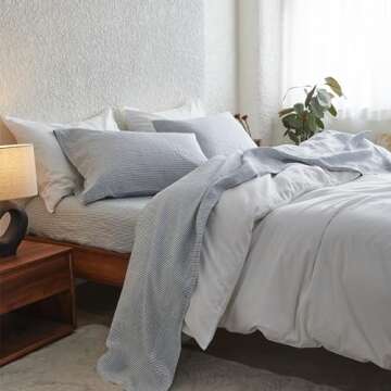 Simple&Opulence 100% Linen Sheets with Stripe King Size, 4 Pieces Breathable European Flax Pure Washed Bed Sheet Set with 14" Fitted Sheet, 1 Flat Sheet,2 Pillowcases(Vertical Stripes Blue)