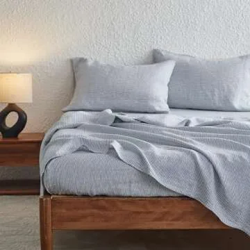 Simple&Opulence 100% Linen Sheets with Stripe King Size, 4 Pieces Breathable European Flax Pure Washed Bed Sheet Set with 14" Fitted Sheet, 1 Flat Sheet,2 Pillowcases(Vertical Stripes Blue)