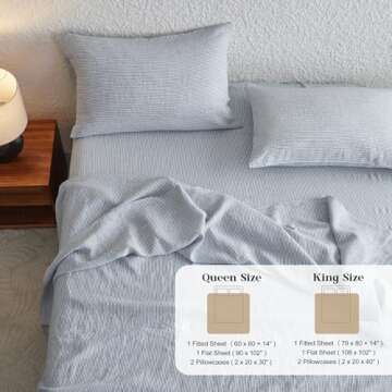 Simple&Opulence 100% Linen Sheets with Stripe King Size, 4 Pieces Breathable European Flax Pure Washed Bed Sheet Set with 14" Fitted Sheet, 1 Flat Sheet,2 Pillowcases(Vertical Stripes Blue)