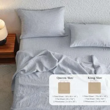 Simple&Opulence 100% Linen Sheets with Stripe King Size, 4 Pieces Breathable European Flax Pure Washed Bed Sheet Set with 14" Fitted Sheet, 1 Flat Sheet,2 Pillowcases(Vertical Stripes Blue)