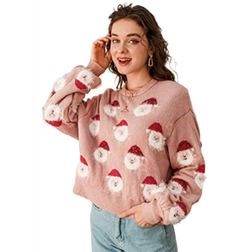 Miessial Women's Cute Santa Claus Christmas Sweater Soft Knit Adorable Holiday Sweaters 01-Pink Sant...