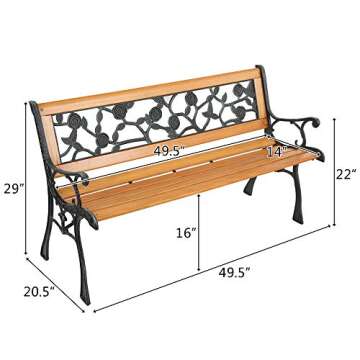 VINGLI Outdoor Bench Metal Garden Bench Front Porch Bench, Wood Patio Bench w/PVC Backrest Cast Iron Love Seat Park Bench (Rose)