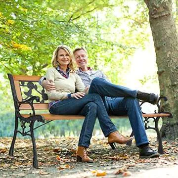 VINGLI Outdoor Bench Metal Garden Bench Front Porch Bench, Wood Patio Bench w/PVC Backrest Cast Iron Love Seat Park Bench (Rose)