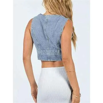 Women Y2K Button Down Denim Vest Sexy Sleeveless Denim Crop Top Low Cut Strapless Jean Corset Bustier Streetwear