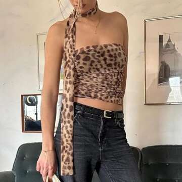 Women's Leopard Print Tube Top Ruched Strapless Mesh Crop Top Sexy Y2K Going Out Top Cheetah Print B...