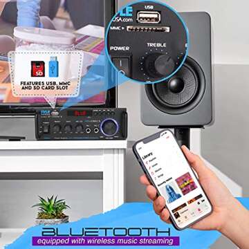 Pyle Stereo Power Amplifier 200 W Peak w/ Bluetooth Wireless, LED Display, Dual Channel Audio Stereo Receiver w/ RCA, USB, SD, MIC in, FM Radio, Perfect For Home Computer via RCA - PDA29BU.5