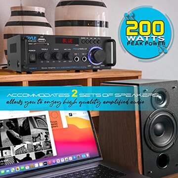 Pyle Stereo Power Amplifier 200 W Peak w/ Bluetooth Wireless, LED Display, Dual Channel Audio Stereo Receiver w/ RCA, USB, SD, MIC in, FM Radio, Perfect For Home Computer via RCA - PDA29BU.5