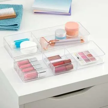 STORi Remix 6 Piece Drawer Organizer Set | Clear | Makeup & Vanity Storage Bins & Office Desk Drawer Dividers