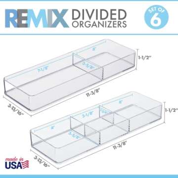 STORi Remix 6 Piece Drawer Organizer Set | Clear | Makeup & Vanity Storage Bins & Office Desk Drawer Dividers