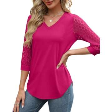 Womens 3/4 Sleeve Tops and Blouses V Neck Lace Sleeve Tunic Tops Hot Pink Valentine Shirts for Women...