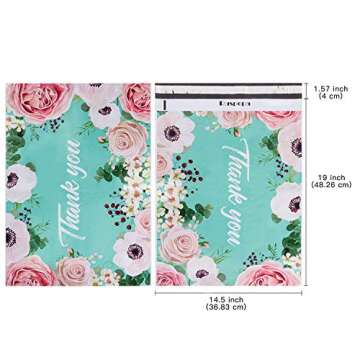 RUSPEPA 14.5x19 Inch Poly Mailers Shipping Bags Thank You Notes Flowers Surrounded Teal Poly Mailers 3 Mil Heavy Duty Self Seal Mailing Envelopes - 50 Pack