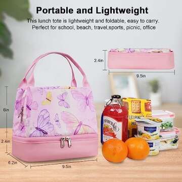 DiiCCi Pink Lunch Bags for Women Cute Adults Lunch Box Tote Bag for Work, Double Deck Lunch Bag for Travel Office Picnic Camping Butterfly