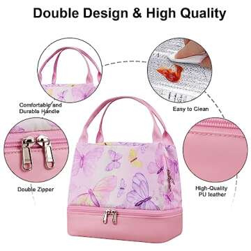 DiiCCi Pink Lunch Bags for Women Cute Adults Lunch Box Tote Bag for Work, Double Deck Lunch Bag for Travel Office Picnic Camping Butterfly