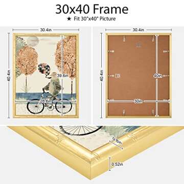 30x40 Picture Frame, Gold Poster Frame, Bamboo Design Natural Gallery Frame, Horizontal or Vertical Format, Sturdy Frame and Plexiglass, Large Photo Frame Wall Art, for Photos, Artworks, Posters