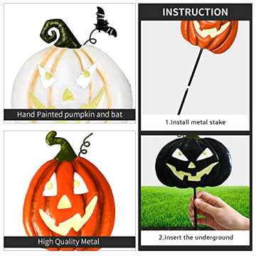 ALLADINBOX Halloween Metal Stakes Pumpkin Jack o Lantern Spooky Faces Smile with Luminous Effect, Garden Yard Signs, Outdoor Party Décor, Set of 4