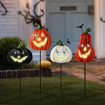 ALLADINBOX Halloween Metal Stakes Pumpkin Jack o Lantern Spooky Faces Smile with Luminous Effect, Garden Yard Signs, Outdoor Party Décor, Set of 4