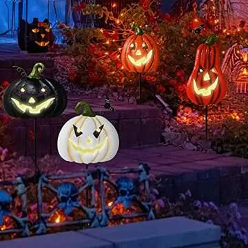 ALLADINBOX Halloween Metal Stakes Pumpkin Jack o Lantern Spooky Faces Smile with Luminous Effect, Garden Yard Signs, Outdoor Party Décor, Set of 4